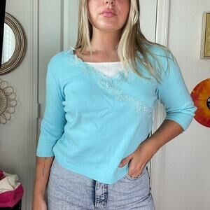 Vintage Y2K 2000s Carolyn Taylor Light Blue Lace Trim Layered Baby T Sz S